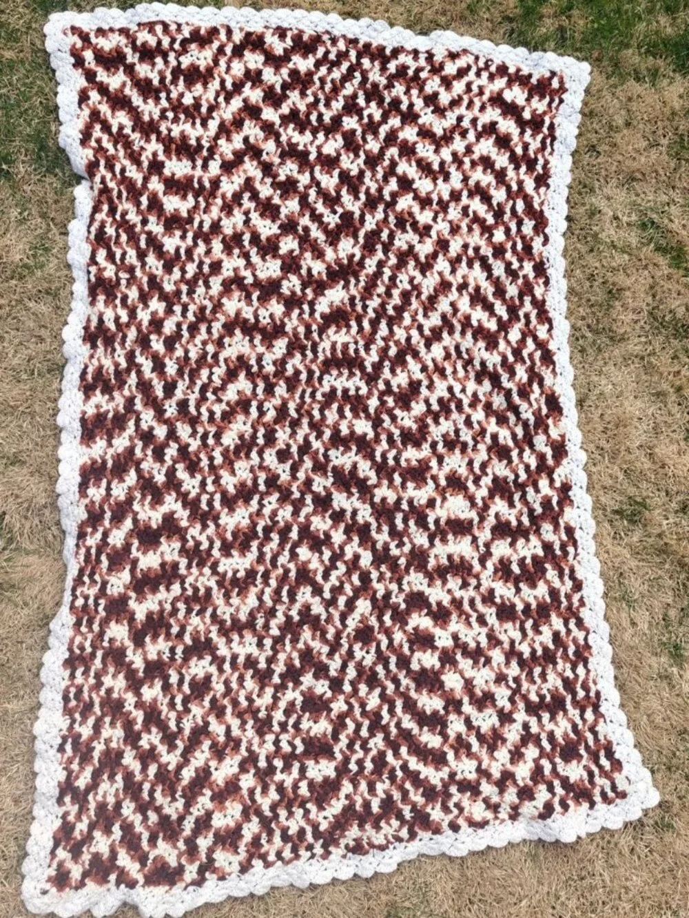 Vintage Hand-Crocheted Acrylic Throw Blanket Brown/White Pattern Rectangular